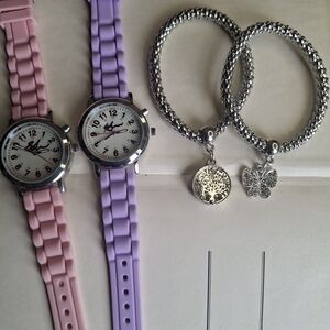 Pair of Womens Luminous Watches in Pink & Lavender with Silver Charm Bracelets